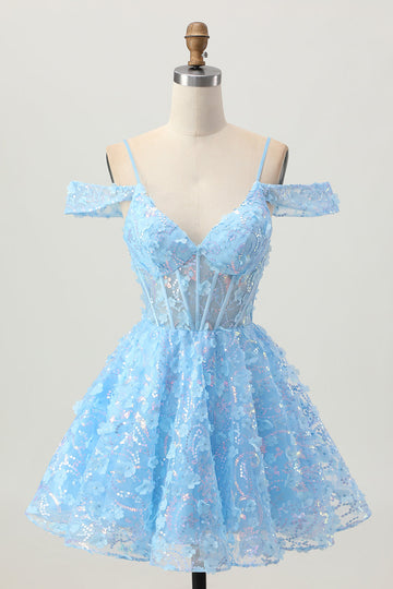 Sparkly Sequins Blue A-Line Cold Shoulder Mini Cocktail Dress with Open Back